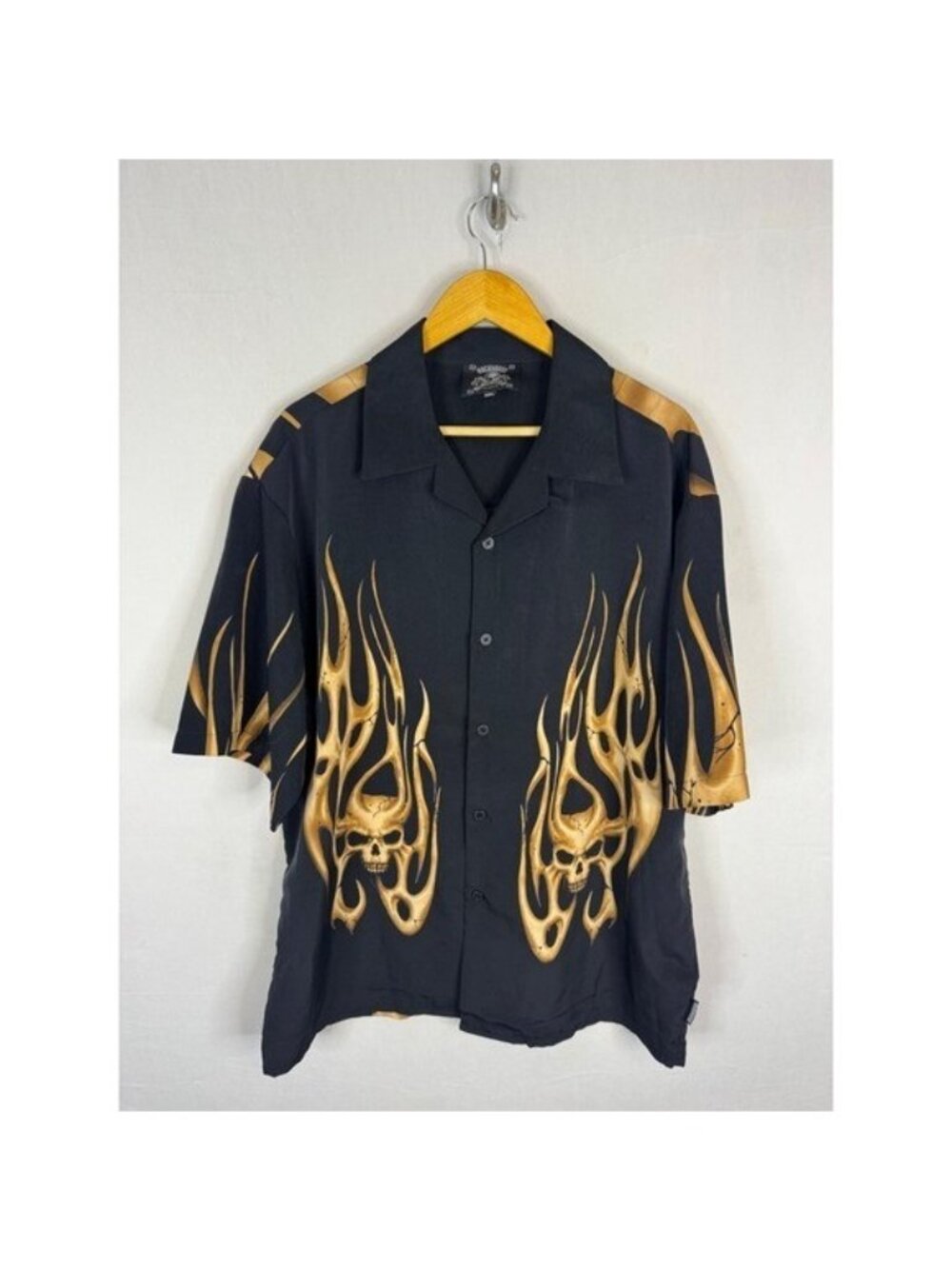 Rockhouse Roadhouse Mens XXL Skull Flame Graphic Button Down Shirt Black Gold